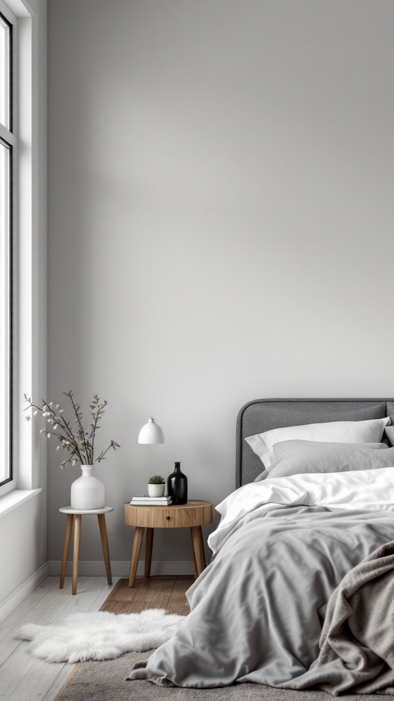 A stylish bedroom with grey gradients, featuring a cozy bed and minimalistic decor.