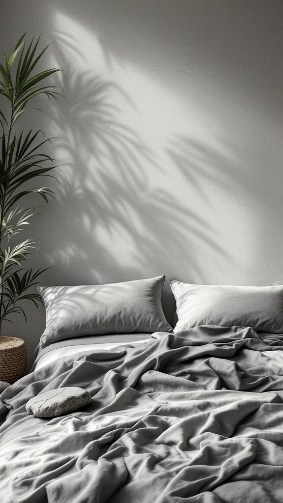 A cozy grey bedroom with soft bedding and a palm plant.