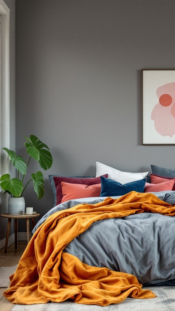 A cozy bedroom featuring grey walls, a grey duvet, colorful pillows, and an orange throw.