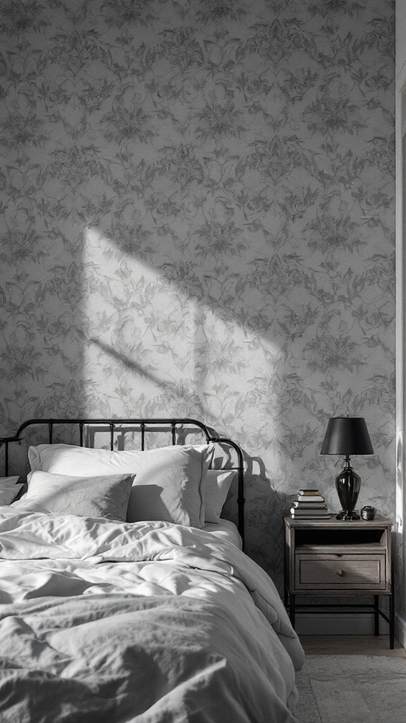 A cozy bedroom featuring grey floral wallpaper, a bed with white linens, and a bedside table with a lamp.