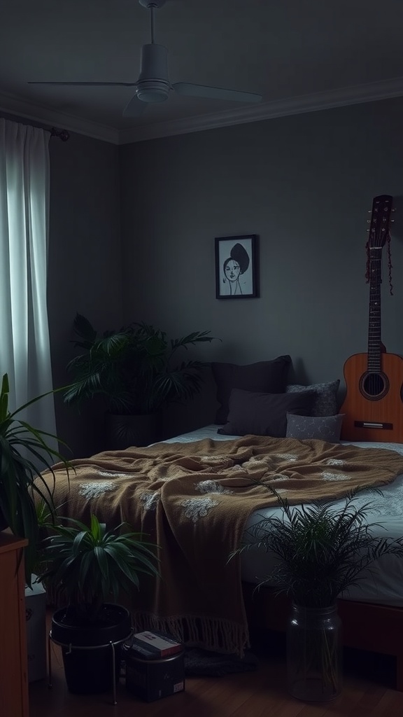 A cozy moody bedroom featuring indoor plants, a guitar, and soft textiles.