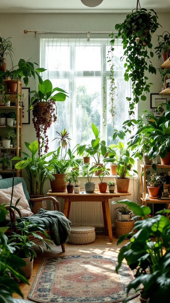 A cozy living room filled with various indoor plants, showcasing a bright and inviting atmosphere.