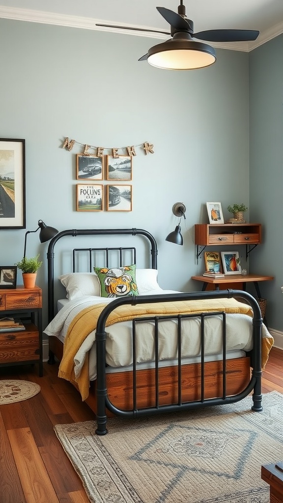 Boys bedroom featuring industrial-style furniture with a metal bed frame and wooden accents.