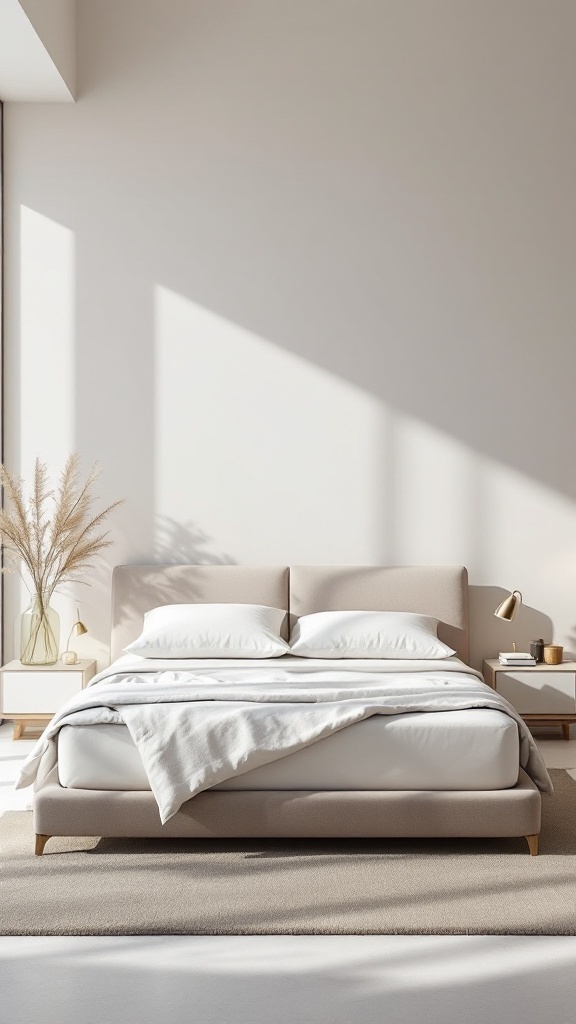 A modern luxury bedroom featuring a comfortable bed with soft bedding and stylish decor.