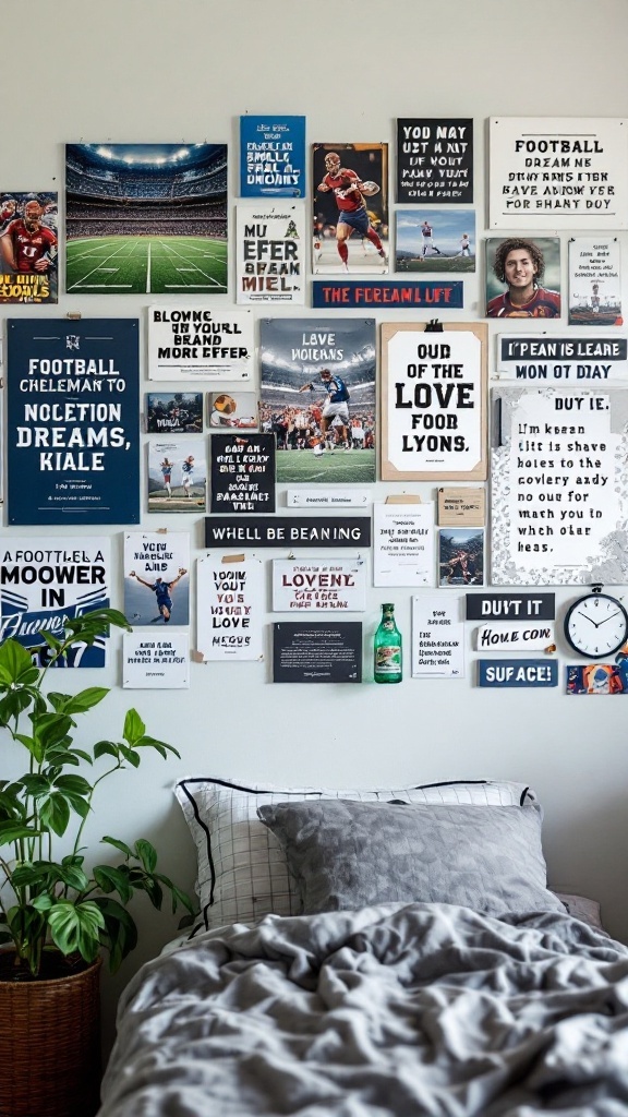 An inspiration board in a modern teen boy bedroom decorated with football-themed posters and motivational quotes.