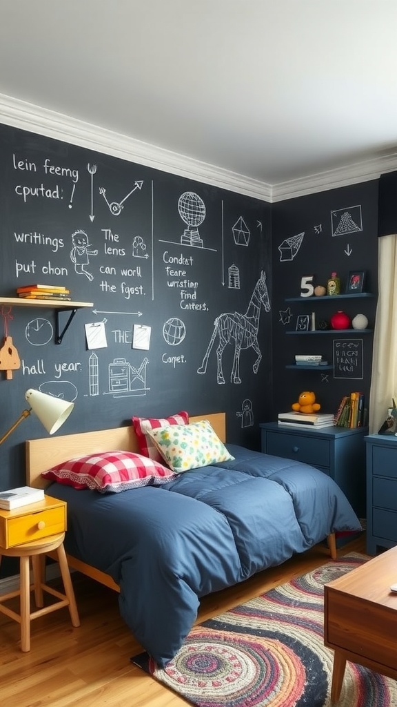 A boys bedroom featuring an interactive chalkboard wall for creative expression.