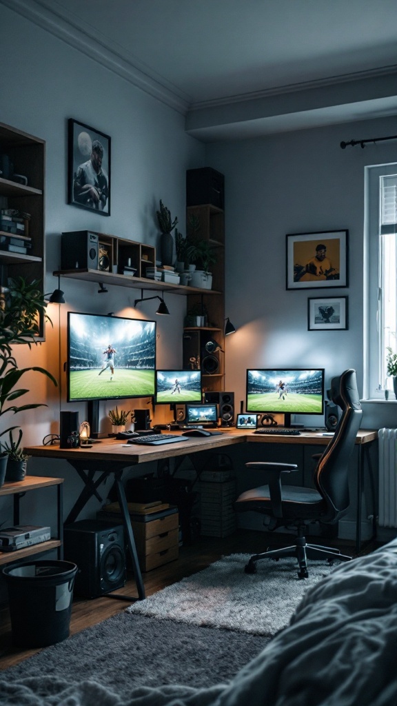 Interactive football video game setup with multiple screens in a modern teen boy bedroom.
