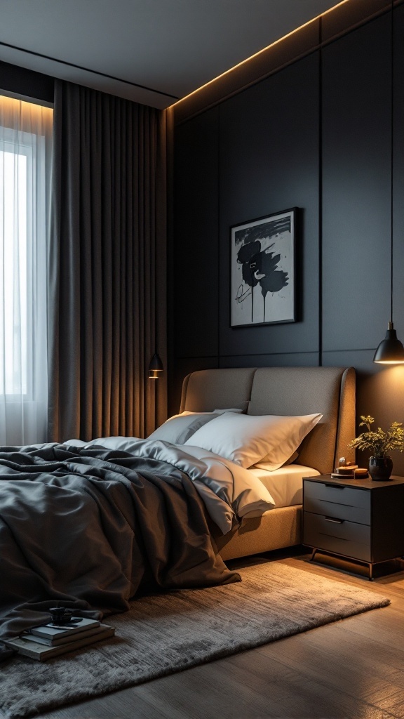 Modern luxury bedroom with layered lighting, showcasing a cozy and stylish design.