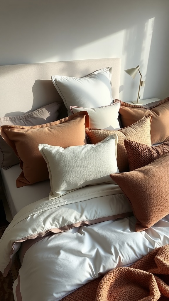 A visually appealing arrangement of various pillows on a king bed, showcasing different colors and textures.