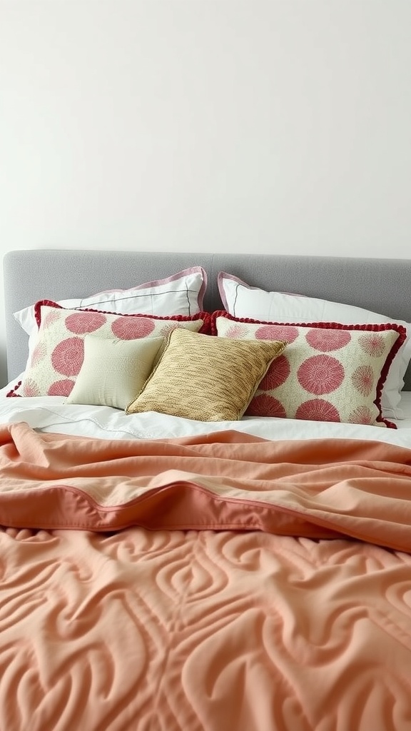 A cozy king bed with layered pillows in different patterns and textures.