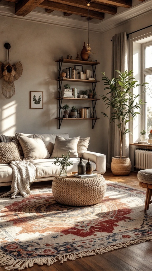 A cozy living room featuring layered rugs, a comfortable sofa, and natural decor.