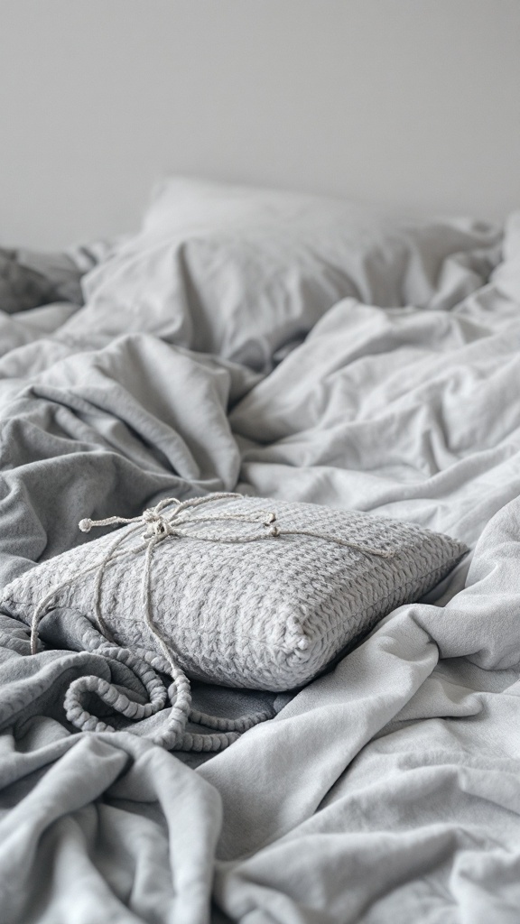A bed covered with various grey textiles, including pillows and a knitted cushion.