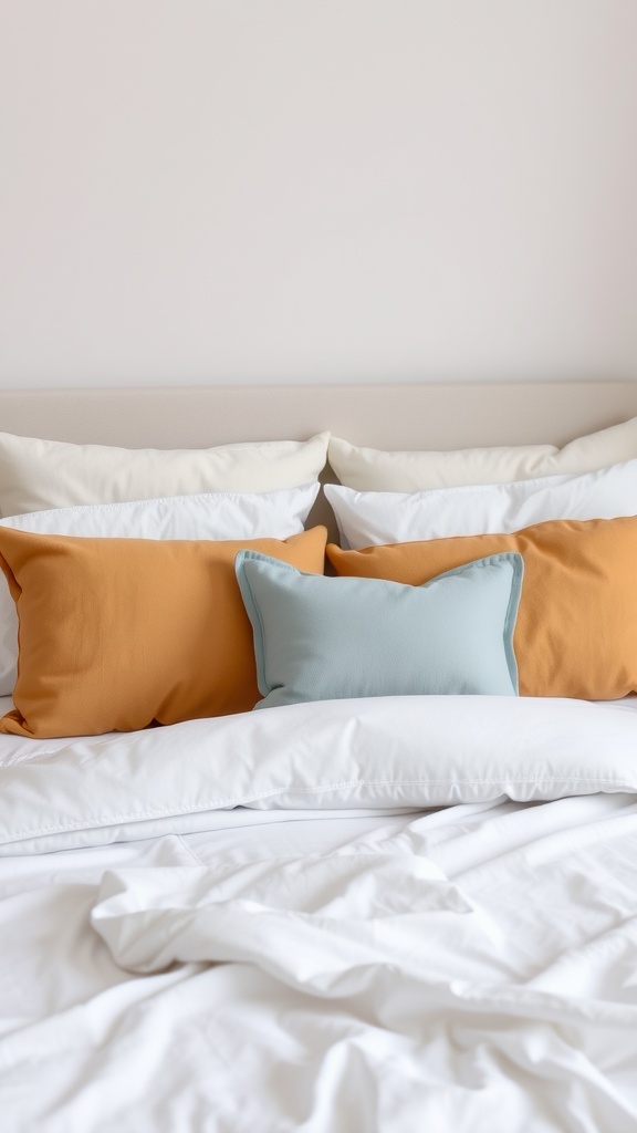 Layered king bed pillows with different colors and sizes.