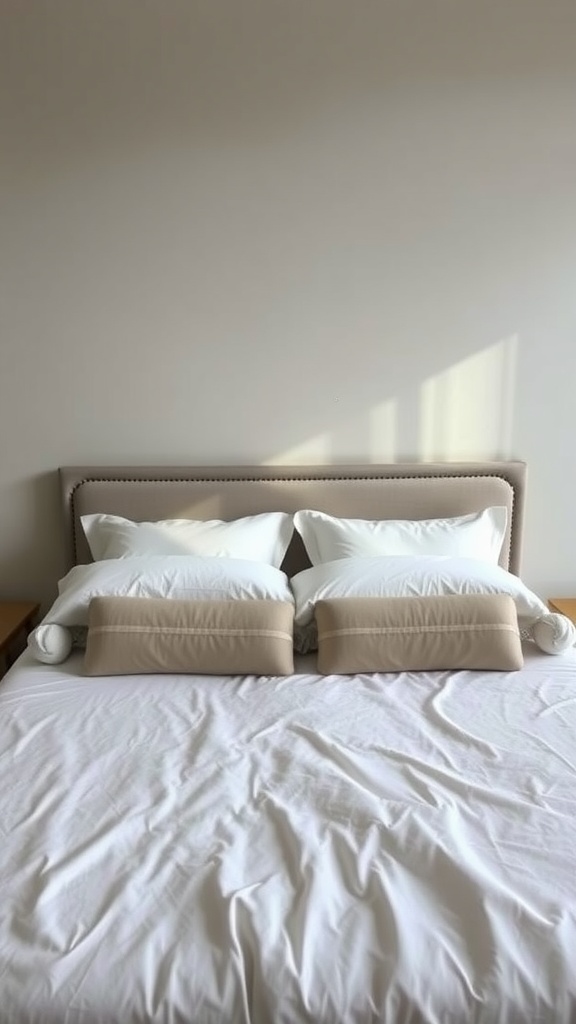 A king bed with two large white pillows and two decorative bolster pillows arranged in front.