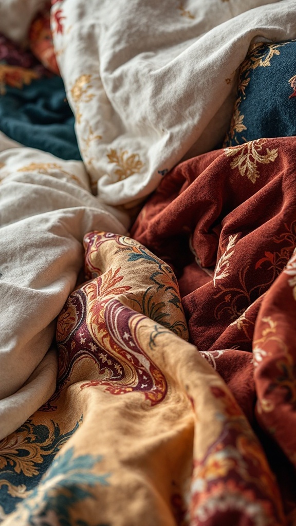 Luxurious bedding fabrics in rich colors and intricate patterns.