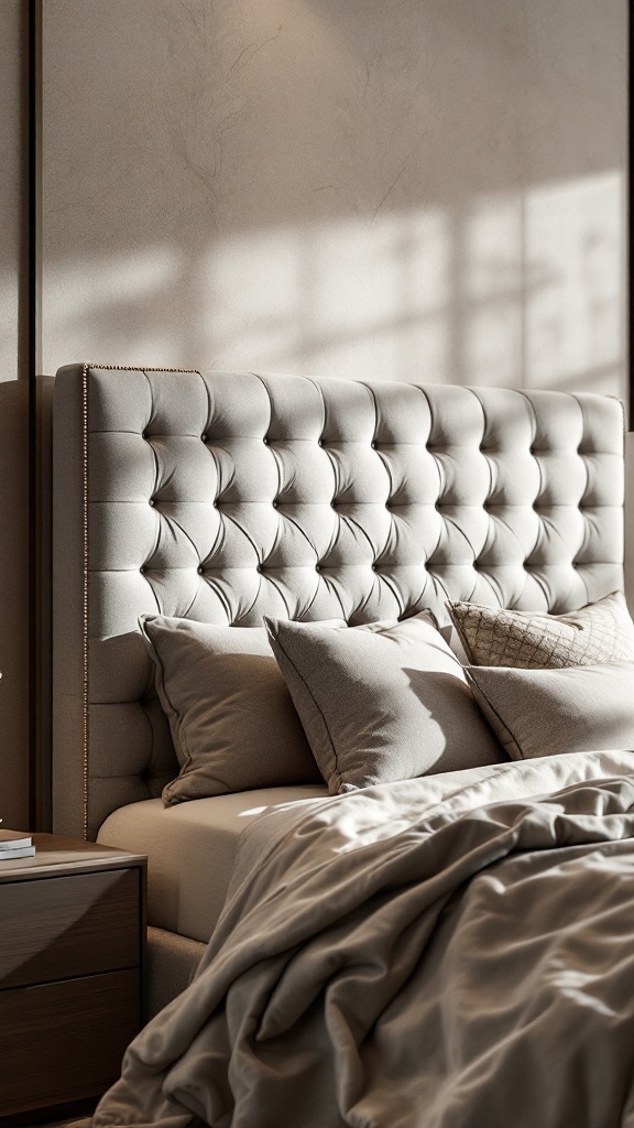 A luxurious upholstered headboard with tufted detailing and soft pillows in a modern bedroom.
