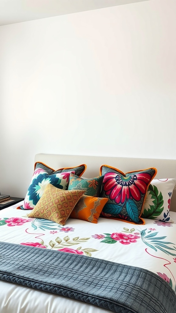 A king bed with colorful, patterned pillows arranged for a maximalist style.