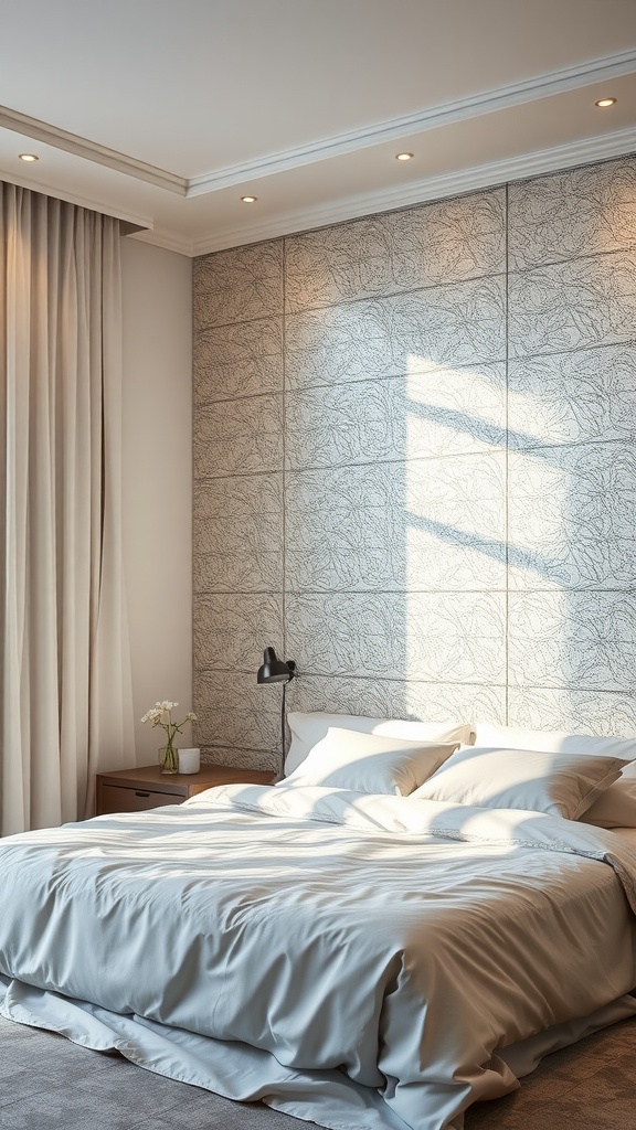 A modern bedroom featuring a metallic accent wall, soft bedding, and natural light.