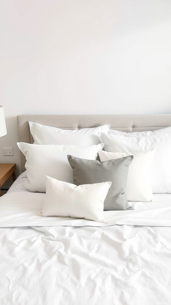 A neatly arranged king bed with white and gray pillows.