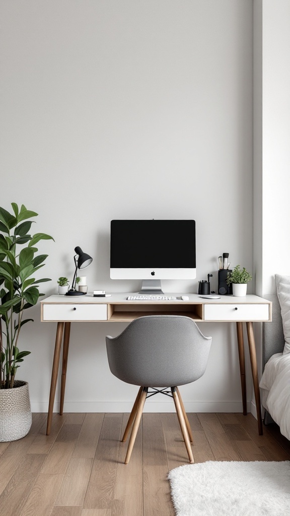 A modern minimalist desk setup with a computer, lamp, and plants.