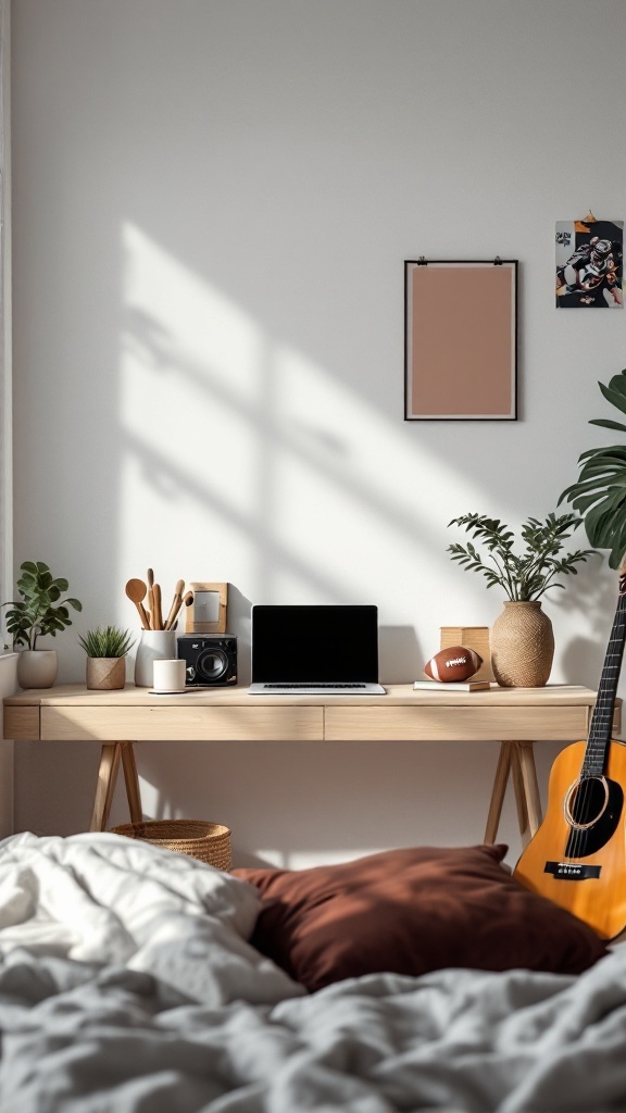 Minimalist desk setup in a modern teen boy bedroom with a football theme, plants, and a laptop.