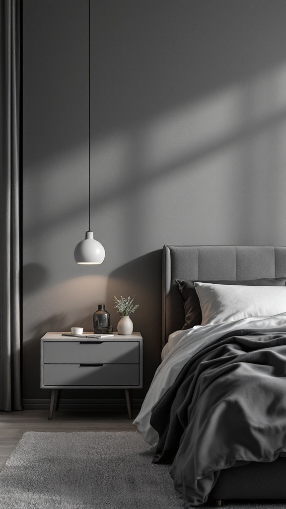 A minimalist bedroom featuring grey furniture, including a bed with grey bedding and a matching nightstand.