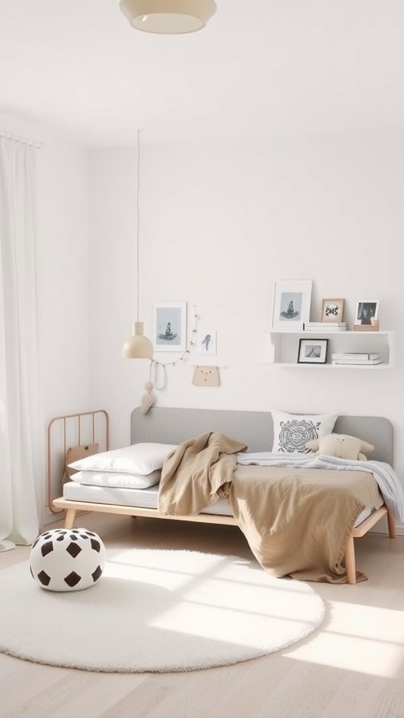 A minimalist boys bedroom with light colors, a cozy bed, and simple decor.