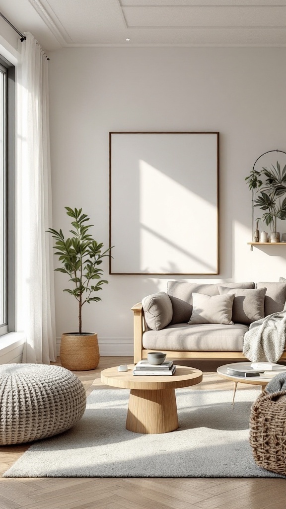 A cozy Scandinavian living room featuring a light sofa, wooden coffee table, and indoor plants.