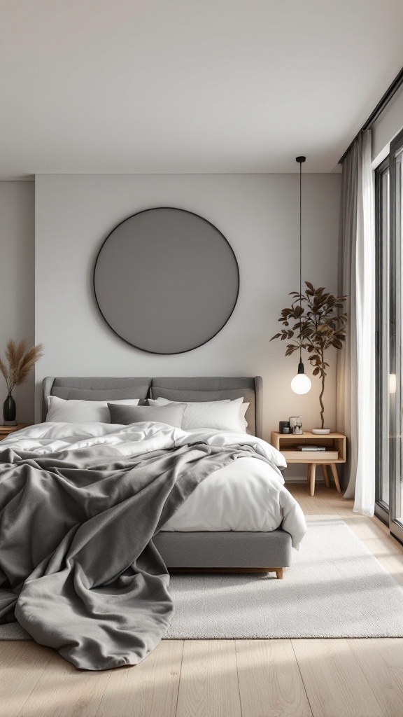 A stylish bedroom featuring grey bedding, natural wood elements, and a modern design.
