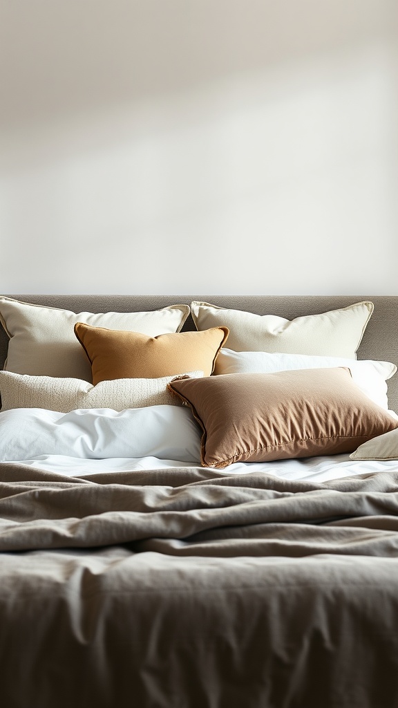 King bed with various textured pillows in a cozy arrangement.