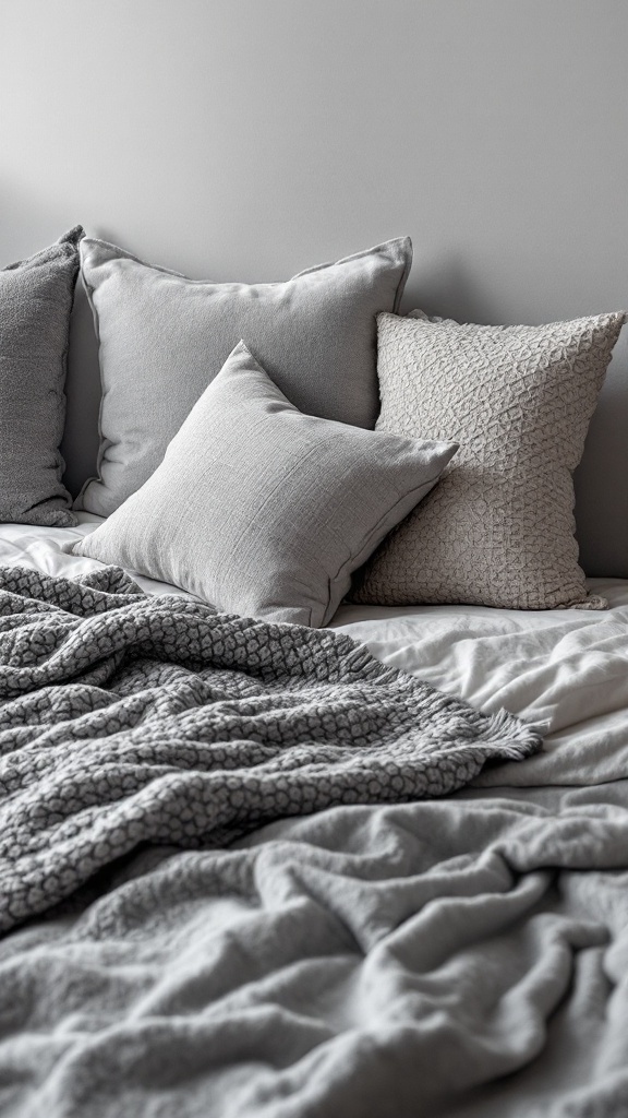 A cozy bed with various grey pillows and a textured blanket.