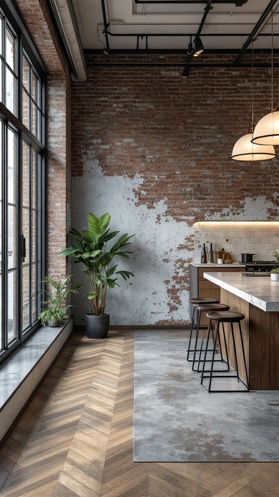 Modern industrial apartment interior with exposed brick walls and plants.