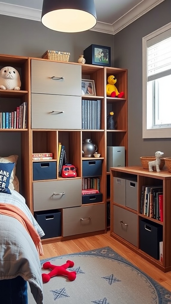 A well-organized boys bedroom featuring modular storage shelves with toys and books.