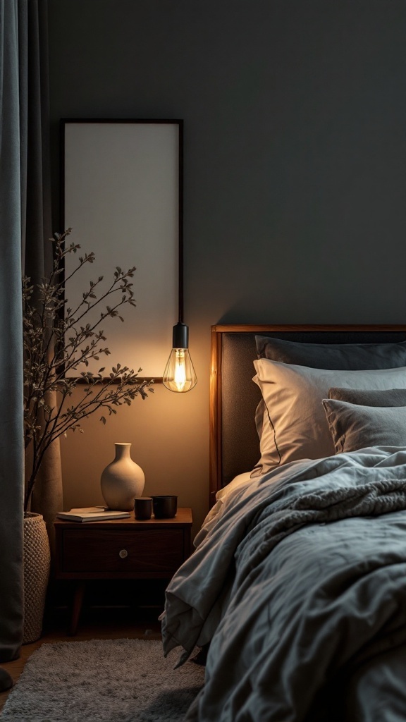 A cozy bedroom with grey tones, featuring warm pendant lighting and soft bedding.