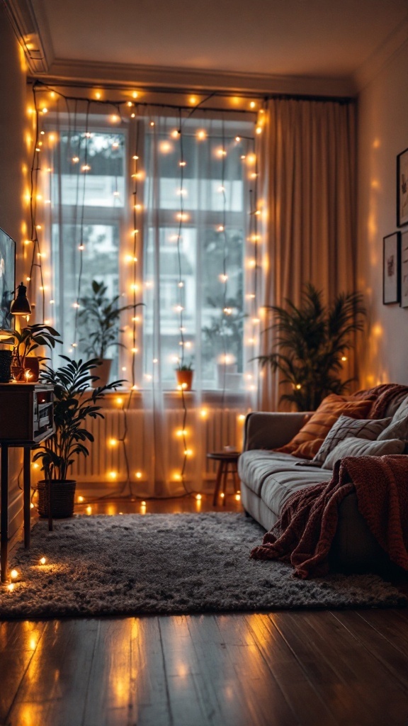 A cozy living room decorated with string lights, creating a warm atmosphere.