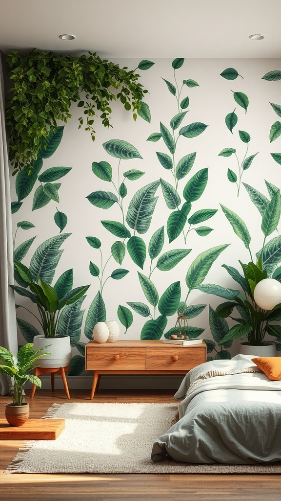 A bedroom featuring a nature-inspired accent wall with greenery, wooden furniture, and soft bedding.