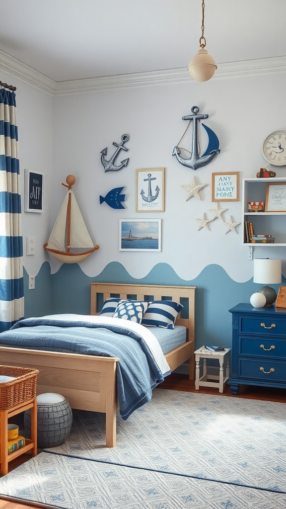 A boys bedroom decorated with nautical elements including anchors, sailboats, and blue tones.