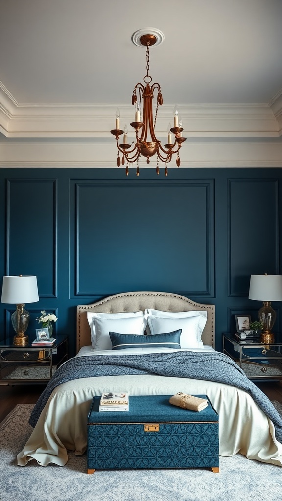 A stylish bedroom featuring a navy blue accent wall, elegant chandelier, and cozy bedding.