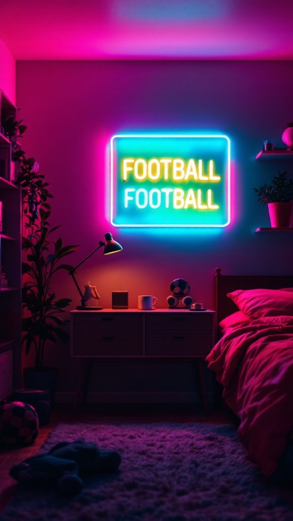 A modern teen boy bedroom featuring a neon football sign, cozy bed, and stylish decor.