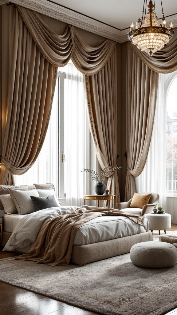 A luxurious bedroom with elegant drapery and soft fabrics.