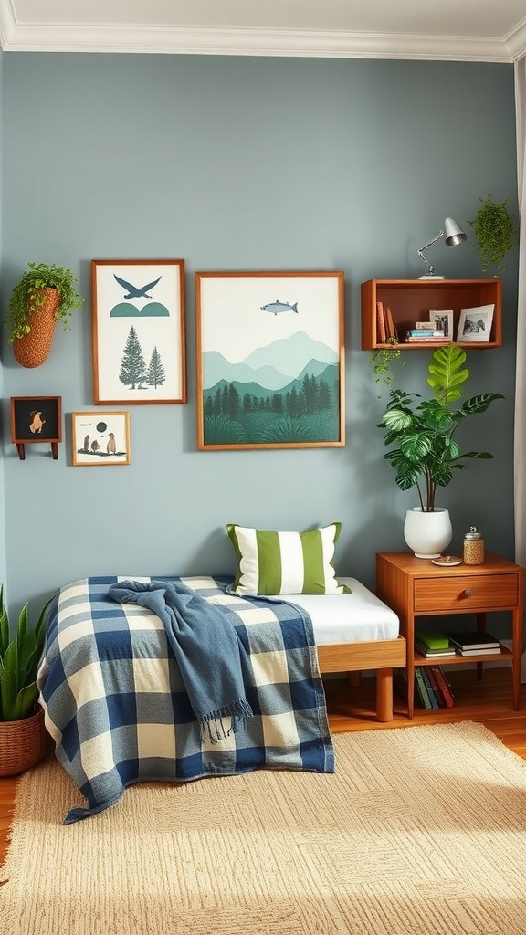 A boys bedroom with nature-inspired decor featuring artwork of mountains, birds, and greenery.