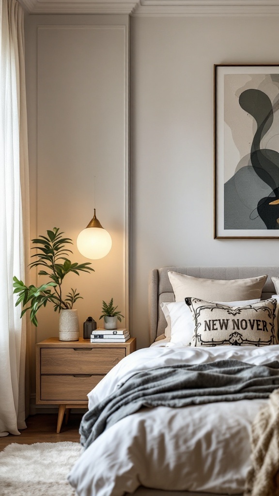 A modern luxury bedroom with soft bedding and stylish decor.