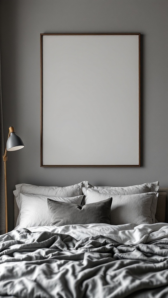 A minimalist bedroom with grey bedding and a blank framed canvas on the wall
