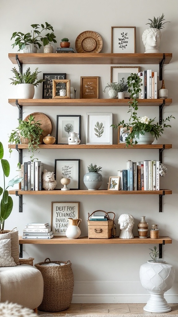 Stylish shelves decorated with books, plants, and personal items.