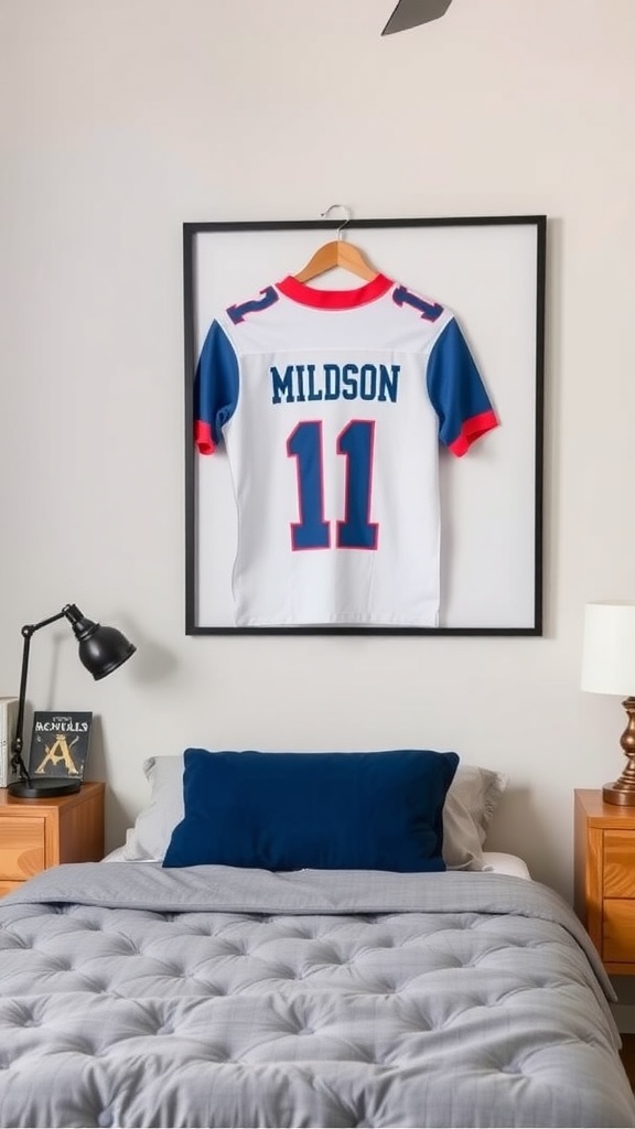 Framed sports jersey hanging on a wall above a bed in a boys bedroom