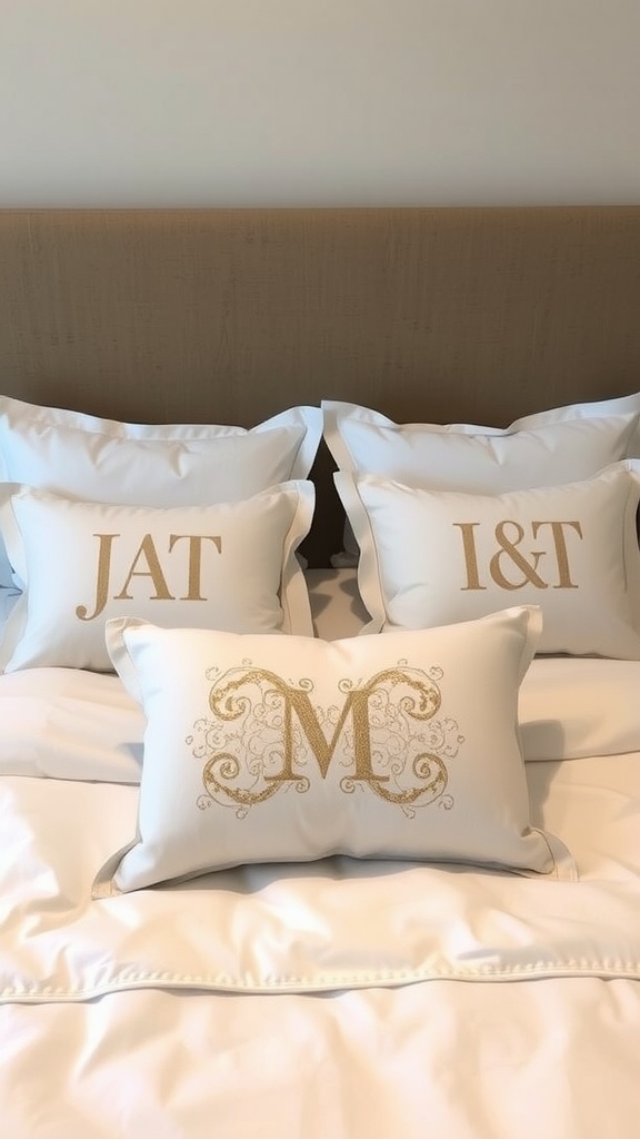 A stylish arrangement of monogrammed pillows on a king bed.