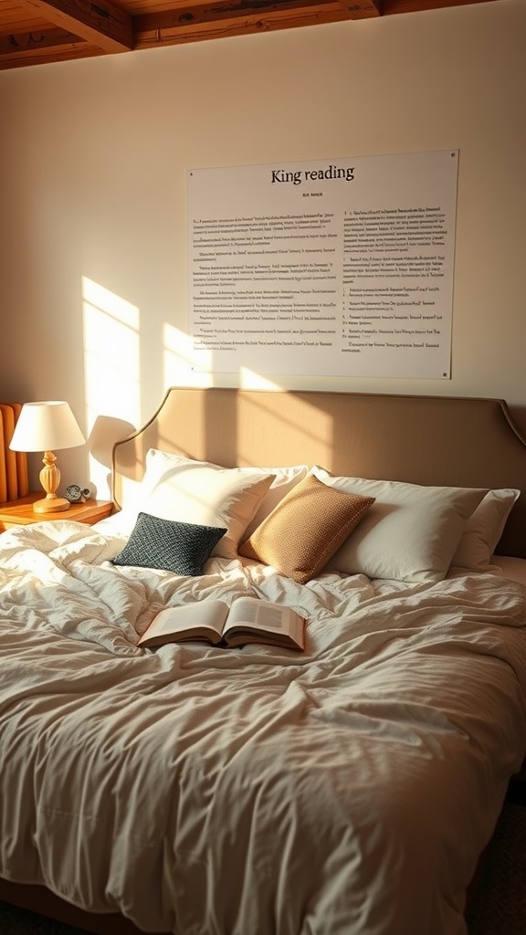 Cozy king bed with pillows arranged for reading, featuring a book on the bed.