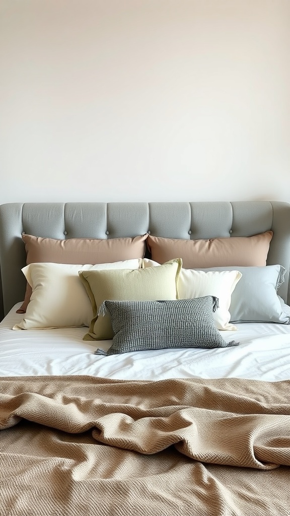 A neatly arranged king bed with varying pillow heights.