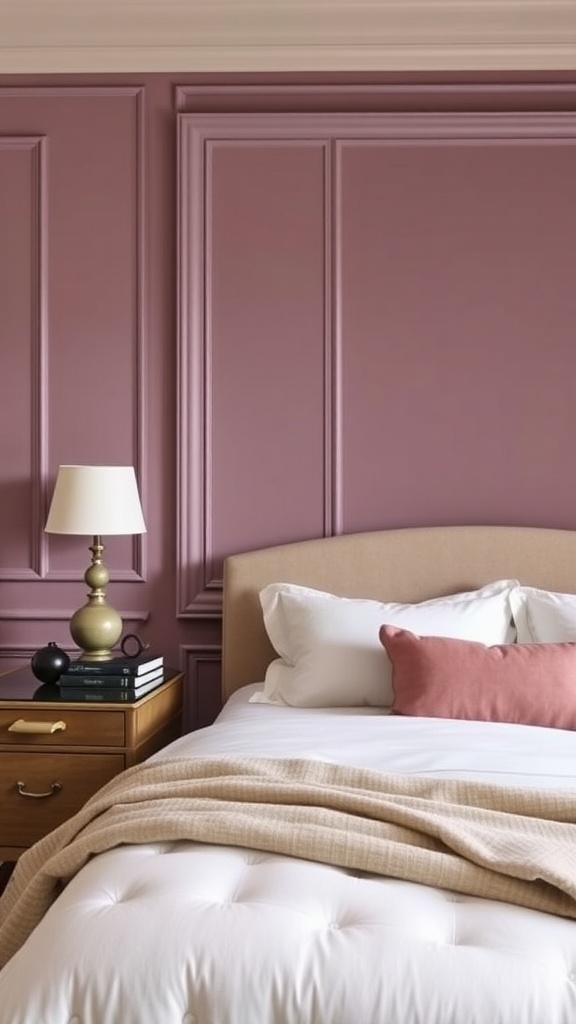 A stylish bedroom featuring refined panel molding on the walls, a plush bed, and a bedside table with a lamp.
