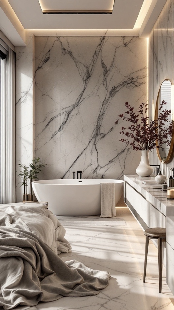 Modern luxury bathroom with a freestanding bathtub, marble walls, and stylish decor.